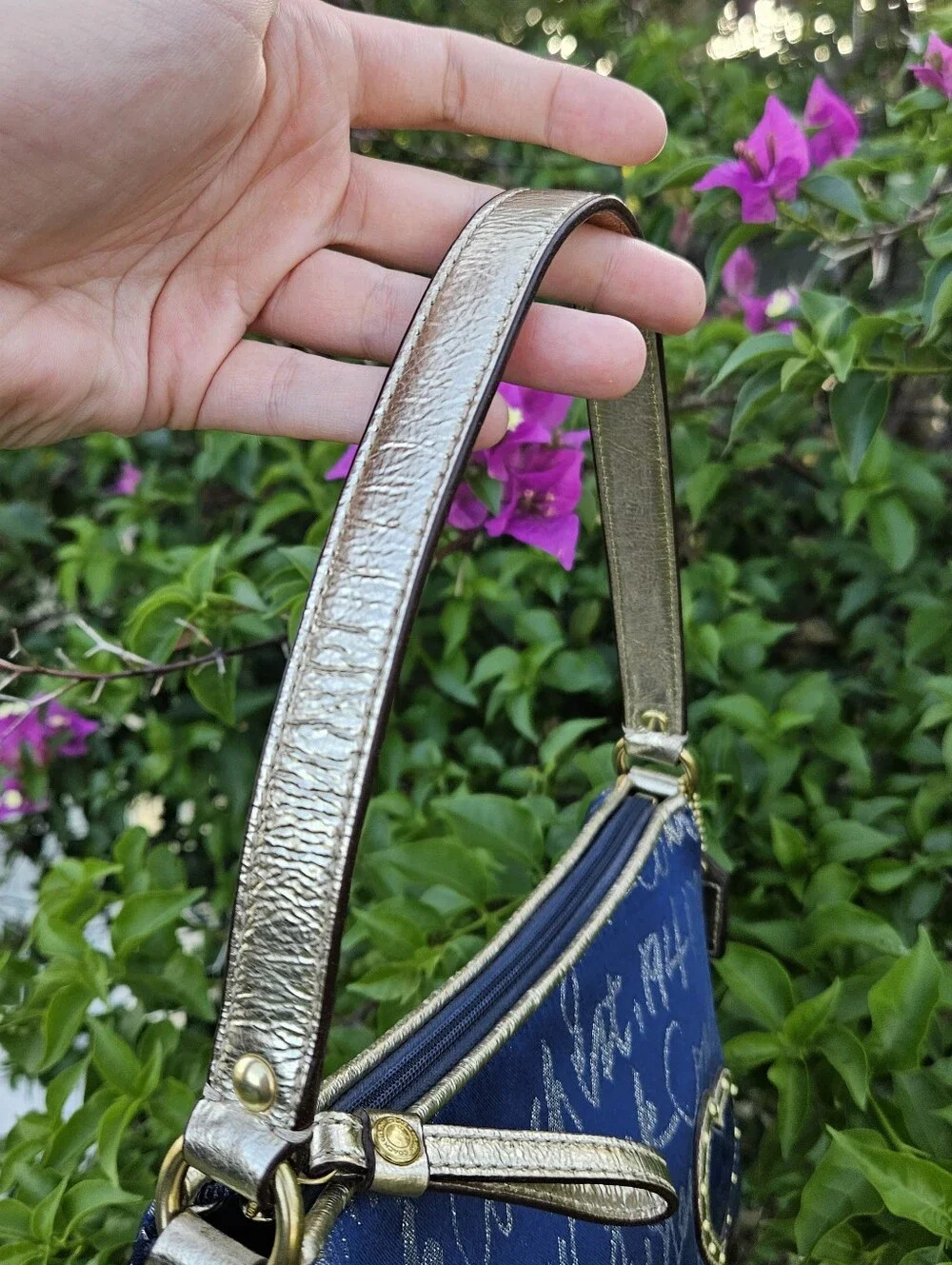 Coach Blue Graffiti Heart Demi Hobo Canvas Gold Leather Shoulder Bag